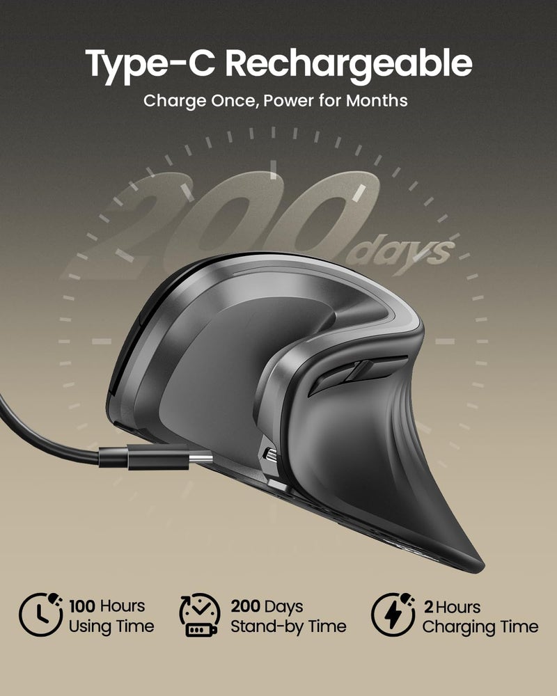 ProtoArc Ergonomic Mouse, EM11 NL Wireless Vertical Mouse, Ergo Mouse with Multi-Device, USB-C Rechargeable Mice for Windows, Mac OS, PC/Notebook/Laptop,Gray - Image 2